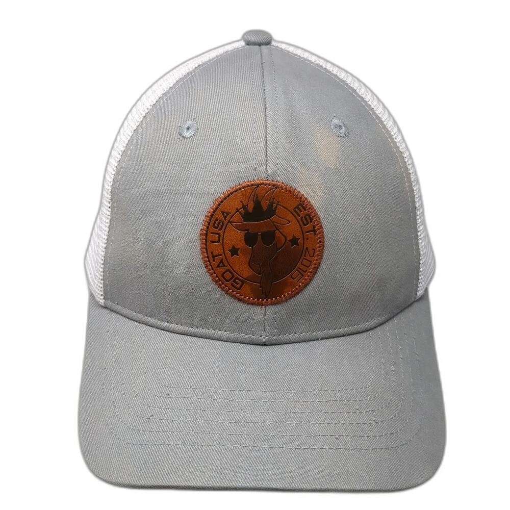 GOAT USA Trucker Hat Gray White One Size Leather Patch Mesh Back Snapback Cap